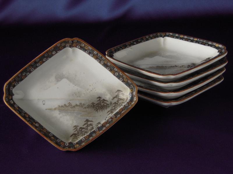 Set of five diamond plates with design of lakeside and Mt. Fuji, kutani porcelain