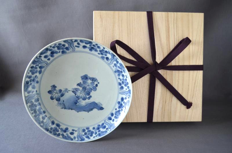 Plate with design of rock and flowers, Blue Old Kutani Style, Old Imari porcelain