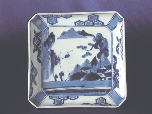 Square plate with design of landscapes, Old Imari porcelain