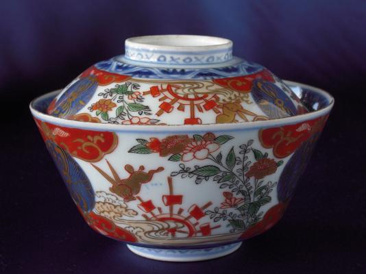 Rice bowl with design of rabit and water wheel, Old Imari porcelain